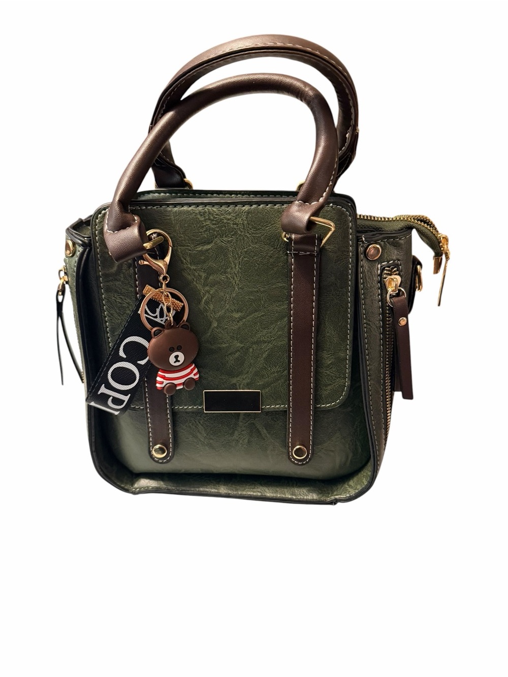 Olive Green Mini Satchel with Brown Trim and Charm